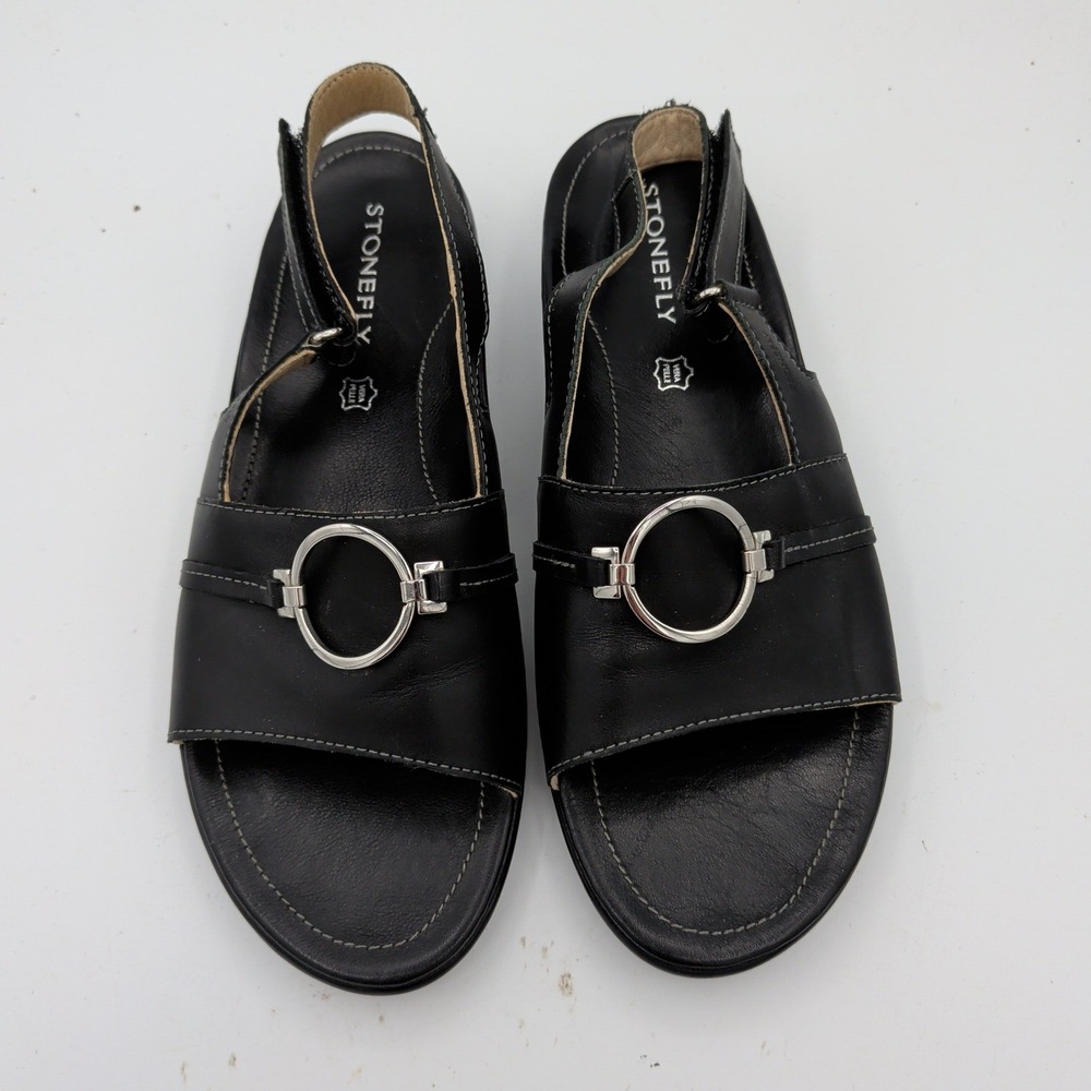 Stonefly Womens Black Leather Slingback Wedge Sandals Silver Ring EU 38 US 7.5-8 - Picture 4 of 8